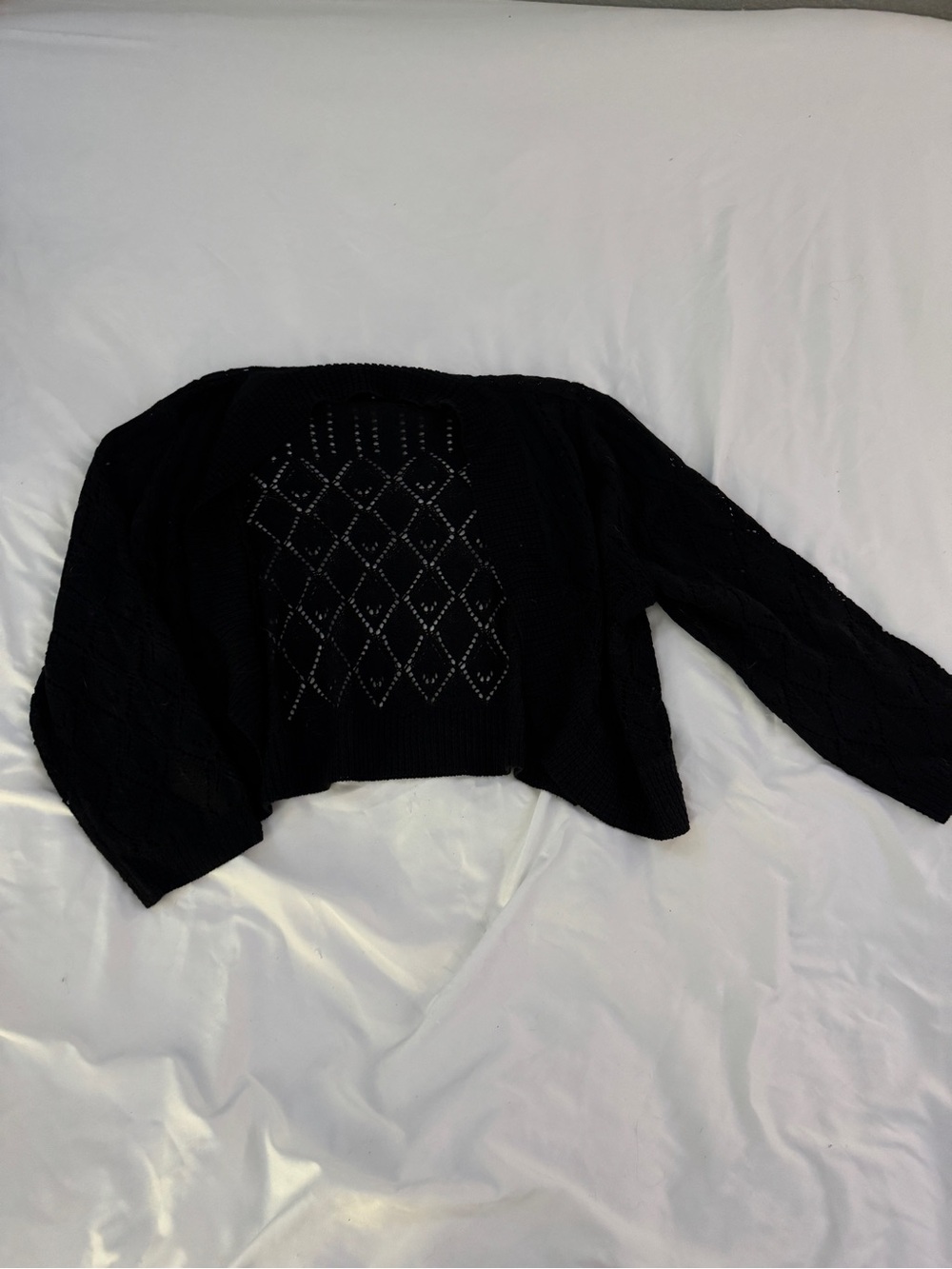 Lennie for Nina Leonard Black Pointelle Open Knit Cropped Cardigan Shrug